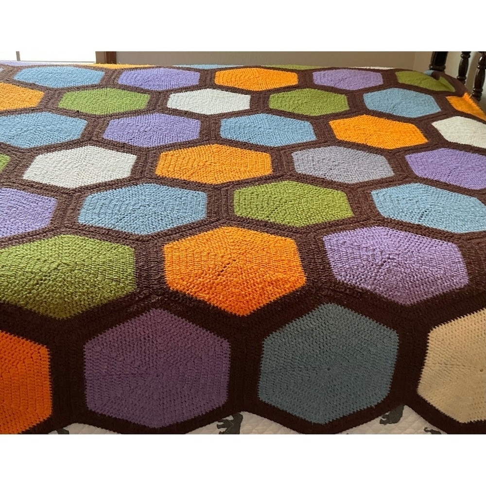Vintage Handmade Crochet Afghan Blanket Multicolor Hexagon Retro Geometric Throw